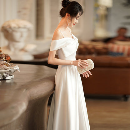 2025 small dinner dress women's shoulder graduation high-end light luxury niche socialite white suspender dress