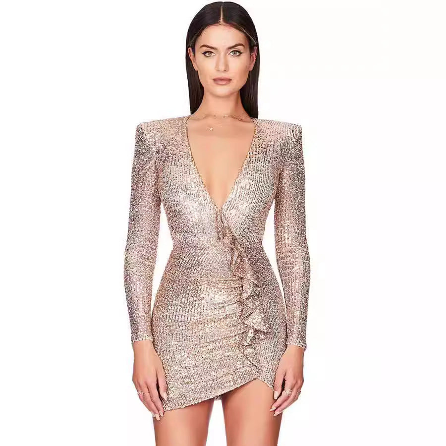 FLOWERSVERSE 2025New New Sequin Mini Wrap Dress Women's V-Neck Long Sleeve Bubble Sleeve Glitter Wrap Party Outfit