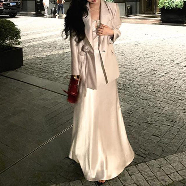 2025 Premium sense satin blazer women's spring  loose thin suit dress set
