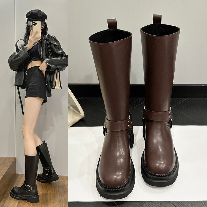 2025 Boots Women's but knee knight boots  autumn new thick-soled heightening locomotive boots belt buckle high boots