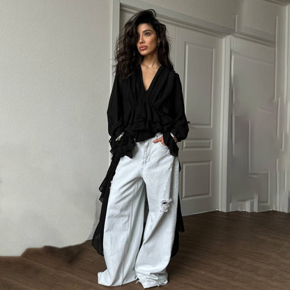 New temperament niche ruffle V-neck irregular mopping chiffon shirt versatile horn sleeve top premium