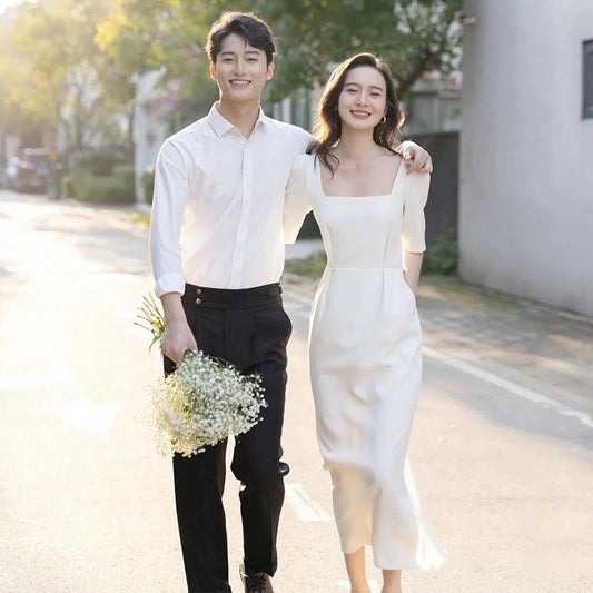 2025 satin light wedding dress small man simple retro certificate registration small white dress white temperament engagement dress