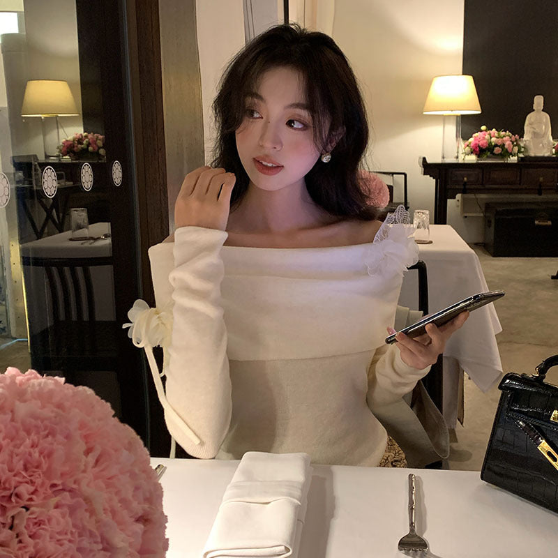 2025 spring new Korean version of flower temperament one-word neck wool knitted sweater women's top 25188