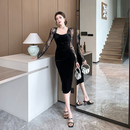 2025 New Year's robe velvet lace dress female autumn and winter socialite sexy hip-wrapped little mother long dress square neck Hepburn skirt