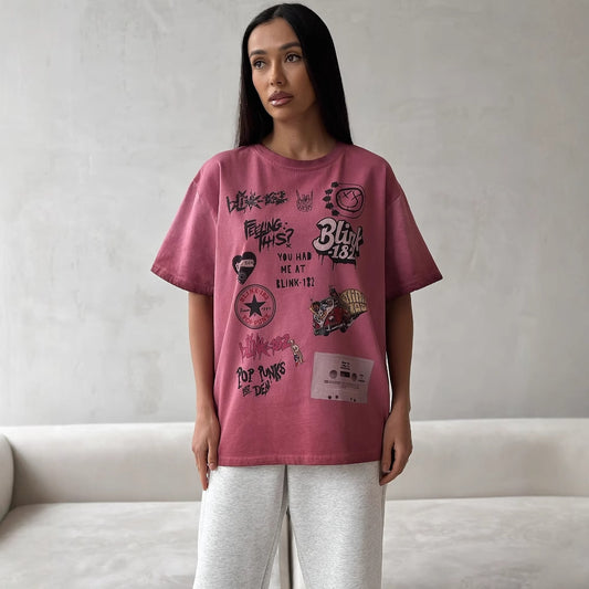 Cross-border  niche personalized printing graffiti n loose short-sleeved T-shirt summer thin outer casual top