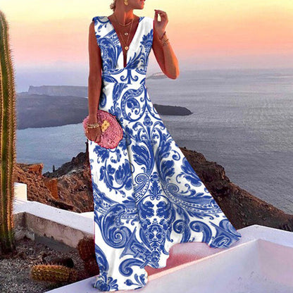 FLOWERSVERSE 24  New summer new women's fashion trend V-neck sleeveless long dress high waist dress dress