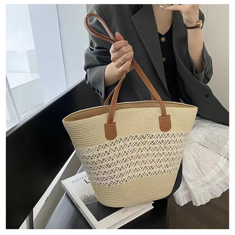 FLOWERSVERSE  Straw Bag Women's Summer Seaside Tote Bag Large Capacity Woven Shoulder Bag Rattan Woven Straw Bag Vegetable Basket Bucket Bag Fashion