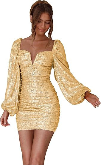 FLOWERSVERSE 2025New New Sequin Mini Wrap Dress Women's V-Neck Long Sleeve Bubble Sleeve Glitter Wrap Party Dress