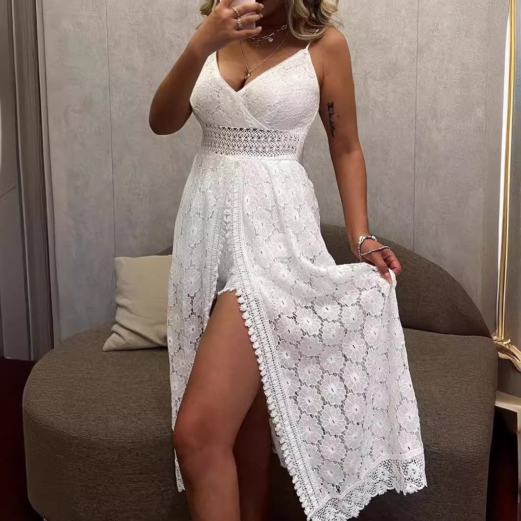 FLOWERSVERSE  Cross-Border European and American Sexy Sling Stitching Casual Jumpsuit Ins Home Vacation Hollow Jumpsuit for Women