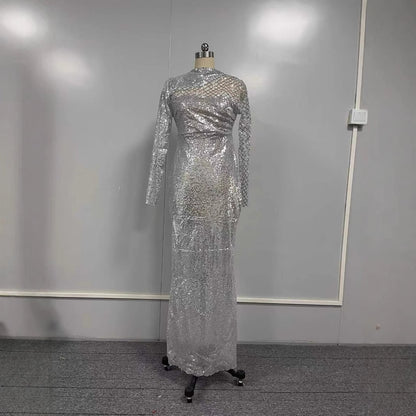 FLOWERSVERSE 2025 New new  2025 hollow off-the-shoulder dress round neck slim temperament S-shaped sequin dress