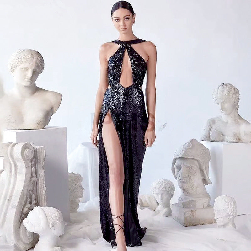 FLOWERSVERSE 2025 New summer new New black sequined backless sleeveless hollow sexy high-waisted split dress women