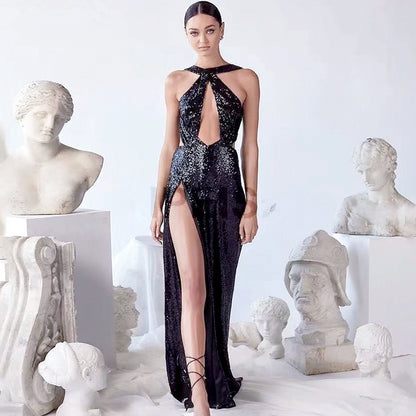 FLOWERSVERSE 2025 New summer new New black sequined backless sleeveless hollow sexy high-waisted split dress women