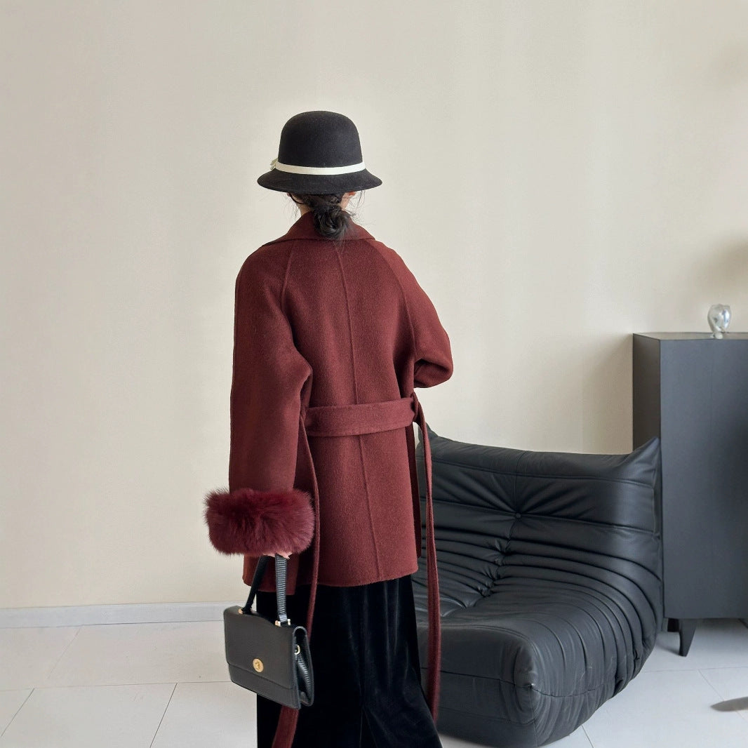 2025 Fox fur shoulder sleeves lapel cuffs removable double-sided wool coat medium and long lace-up woolen jacket autumn and winter