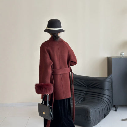 2025 Fox fur shoulder sleeves lapel cuffs removable double-sided wool coat medium and long lace-up woolen jacket autumn and winter