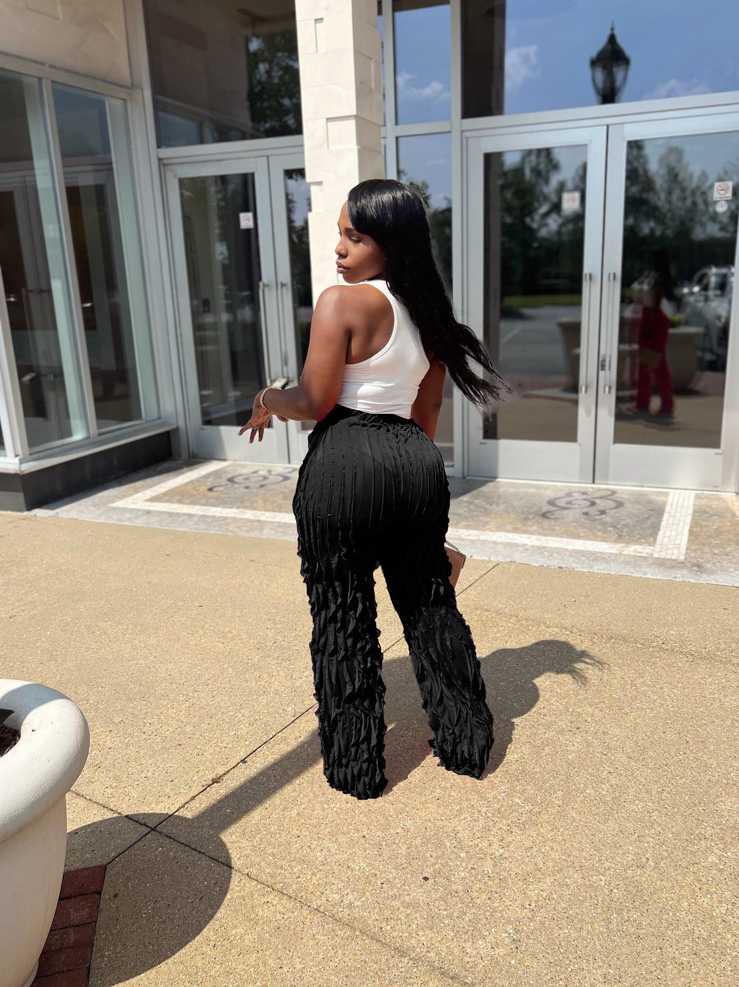 FLOWERSVERSE  Y1260  European and American Women's Clothing Cross-Border Supply Mesh Wave Pattern Ruffled Loose High Waist Wide Leg Trousers