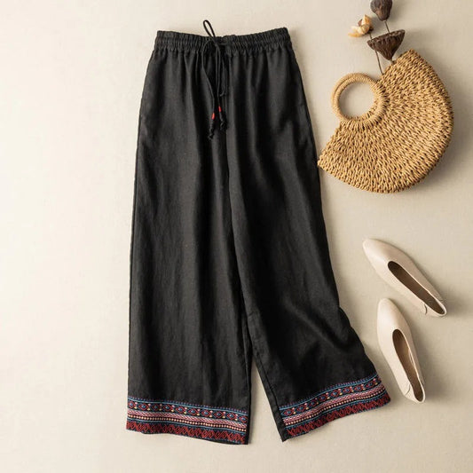 flowersverse Draping Cotton Embroidered Wide-Leg Pants Women's  Spring and Summer New Baggy Straight Trousers Versatile High Waist Slimming Casual Pants