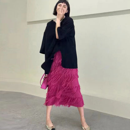 popular spring new Hong Kong-style retro style Internet celebrity with the same fringed skirt femininity thin waist pleated skirt