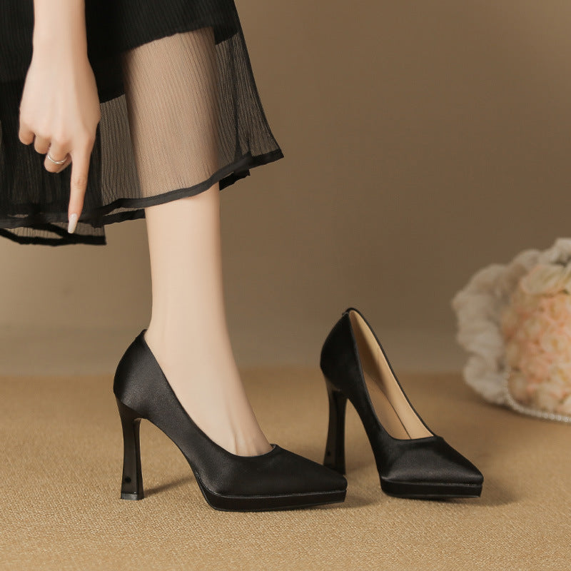 2025 105-3 temperament satin suede high heels are not tired feet pointed thin heels super high heels sexy waterproof table shoes