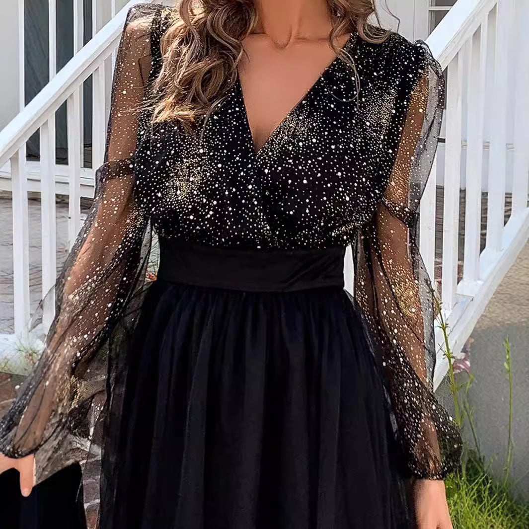 FLOWERSVERSE Trade independent station EABY mesh yarn, lantern long sleeve sexy deep V bronzing dress  2025 spring heat