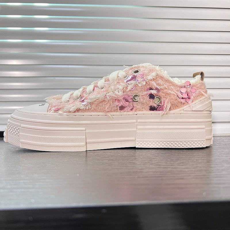 flowersverseSwan Heart Wu Jianhao Same Style Beggar Shoes Pink Feather Sequins Platform Canvas Shoes Fairy Casual White Shoes