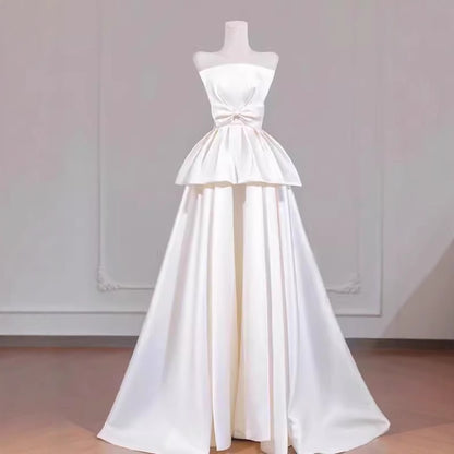 2025 tube top light wedding dress bride simple niche satin temperament go out yarn Mori bow engagement dress skirt