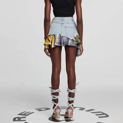 2025n trendy brand Spice Girl personalized style denim splicing plaid rough edge A-word skirt versatile design short skirt women