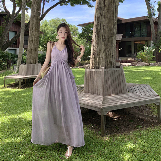 2025 Seaside vacation purple v-neck halter neck dress for women, super good-looking temperament long dress, good-looking skirt for photos
