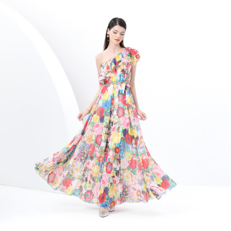 Holiday style print lotus leaf edge dress female  celebrities elegant waist slanted shoulder chiffon dress  summer wear