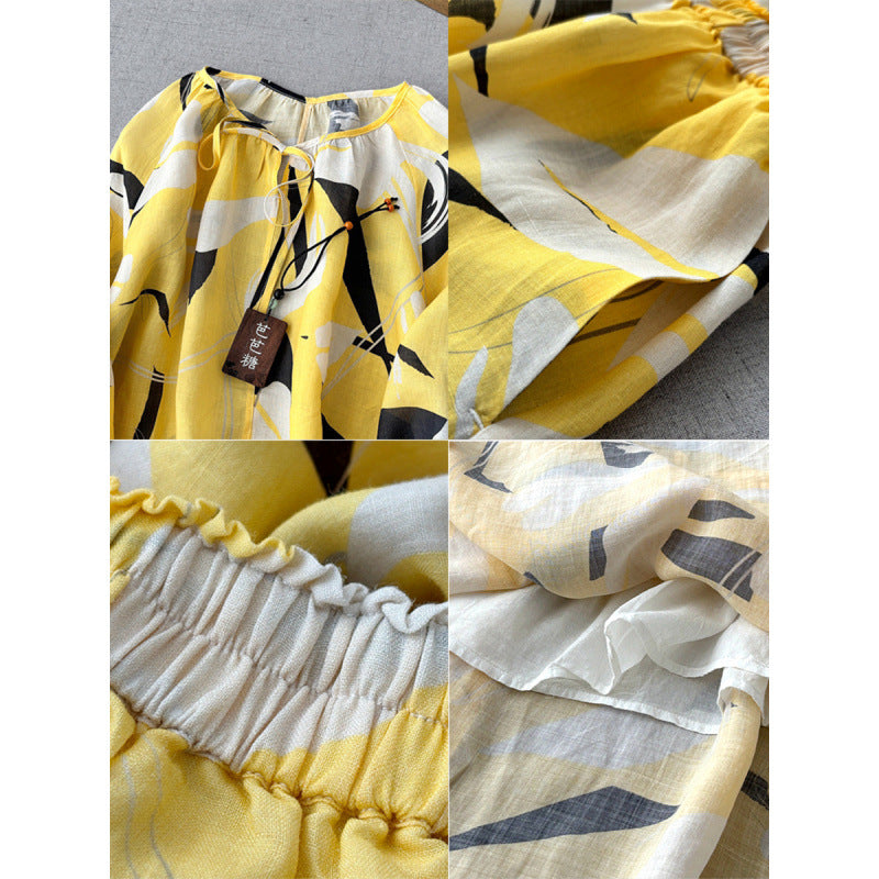 Literary and retro printed shirt skirt set  spring comfortable pendulum double-layer A-word long skirt two-piece set