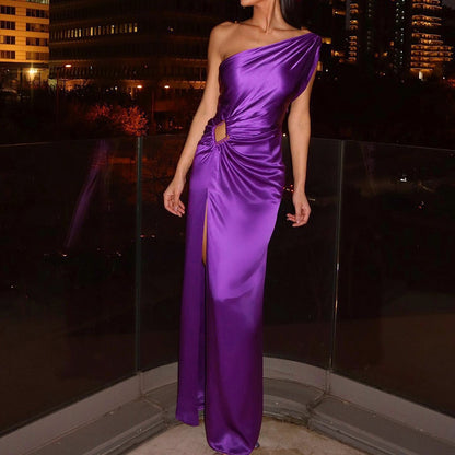 FLOWERSVERSE popular New spring and summer new long dress waist high waist temperament commuting solid color slanted shoulder temperament evening dress dress