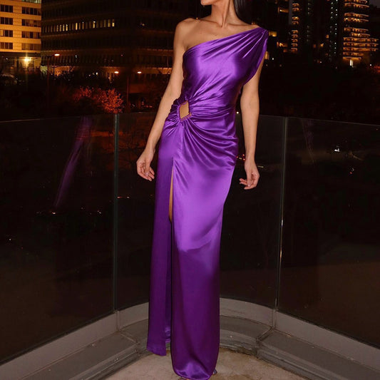 FLOWERSVERSE popular New spring and summer new long dress waist high waist temperament commuting solid color slanted shoulder temperament evening dress dress