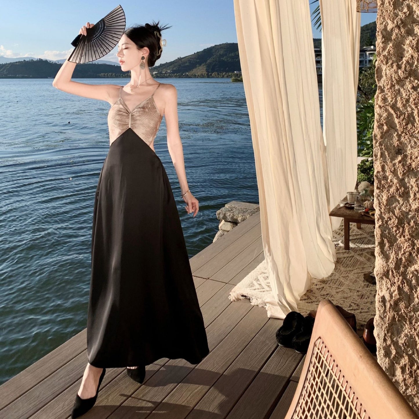 2025 holiday style tie-dye v-neck suspender dress women's summer sexy backless splicing a word beach temperament long dress