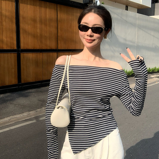 2025 spring new ins temperament off-the-shoulder striped bottoming shirt long-sleeved knitted sweater women's top 89301