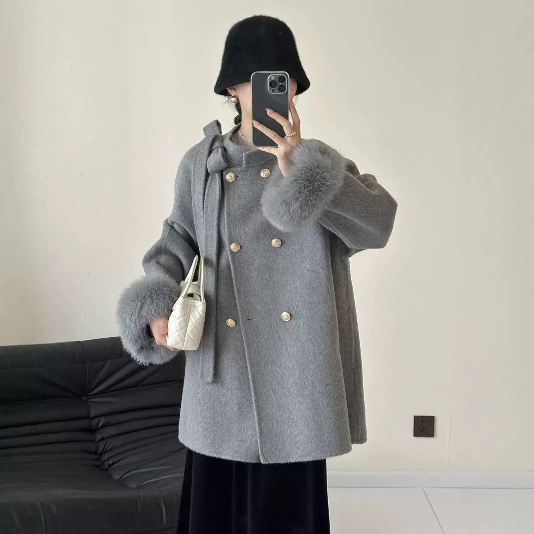 2025 Bow fox hair cuffs shoulder sleeves stand neck double breasted double-sided wool woolen coat jacket warm autumn and winter