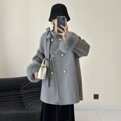 2025 Bow fox hair cuffs shoulder sleeves stand neck double breasted double-sided wool woolen coat jacket warm autumn and winter
