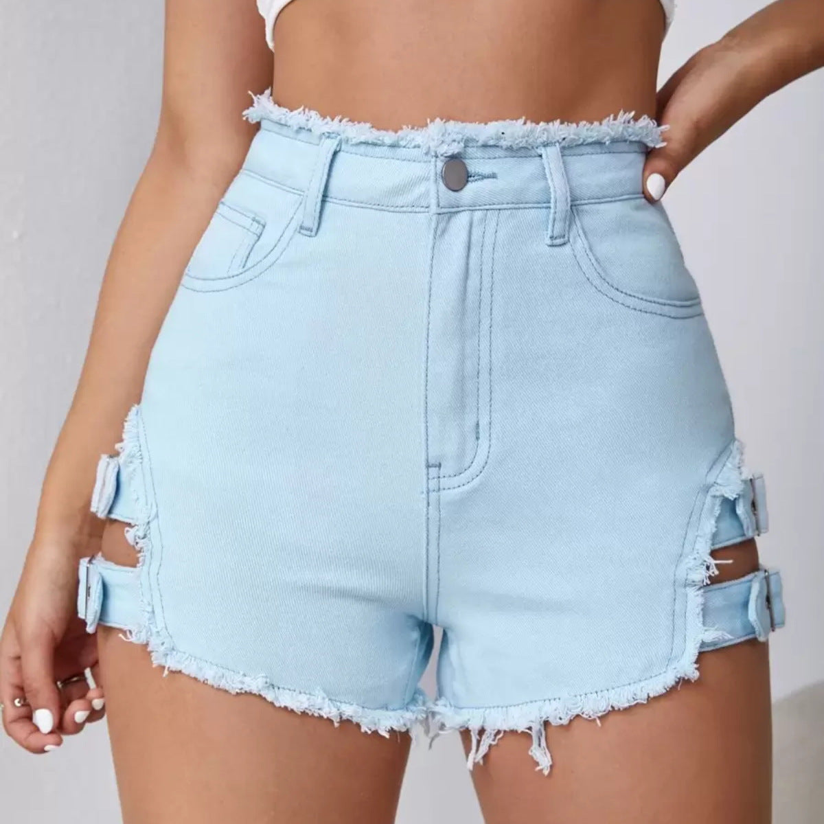 2025n summer trendy brand Spice Girl sexy retro rough edge hollow on both sides adjustable denim super shorts versatile hot pants