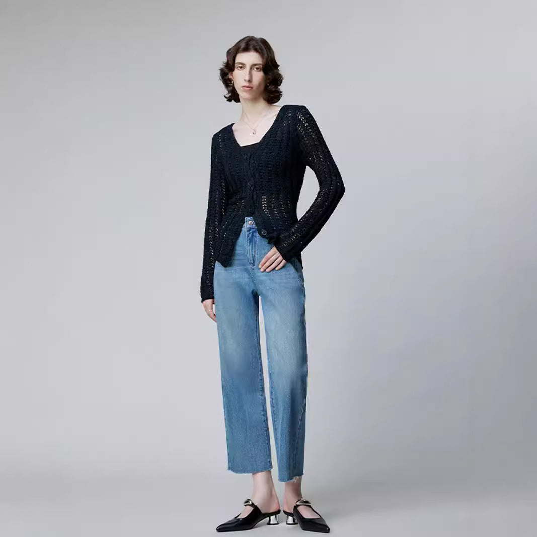 2025 popular early autumn new women's clothing lycra fabric high face exquisite rough edge nine points loose straight pants jeans hair