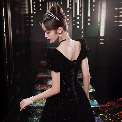 2025 Temperament evening dress women's  new black velvet dress celebrity temperament  banquet dress spring