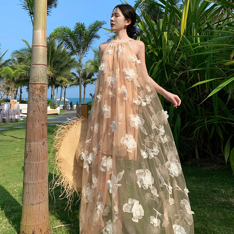 2025 sleeveless neck off-the-shoulder dress for children's summer temperament super fairy morning robe vacation high-end beach dress