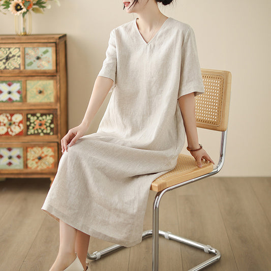 spring and summer new cotton and linen temperament V-neck loose and thin versatile commuter dress large size robe casual women