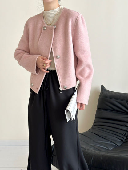 2025 Collarless zipper solid color small short high-end double-sided wool woolen coat jacket women's warm autumn and winter