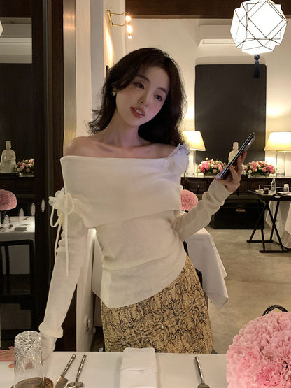 2025 spring new Korean version of flower temperament one-word neck wool knitted sweater women's top 25188