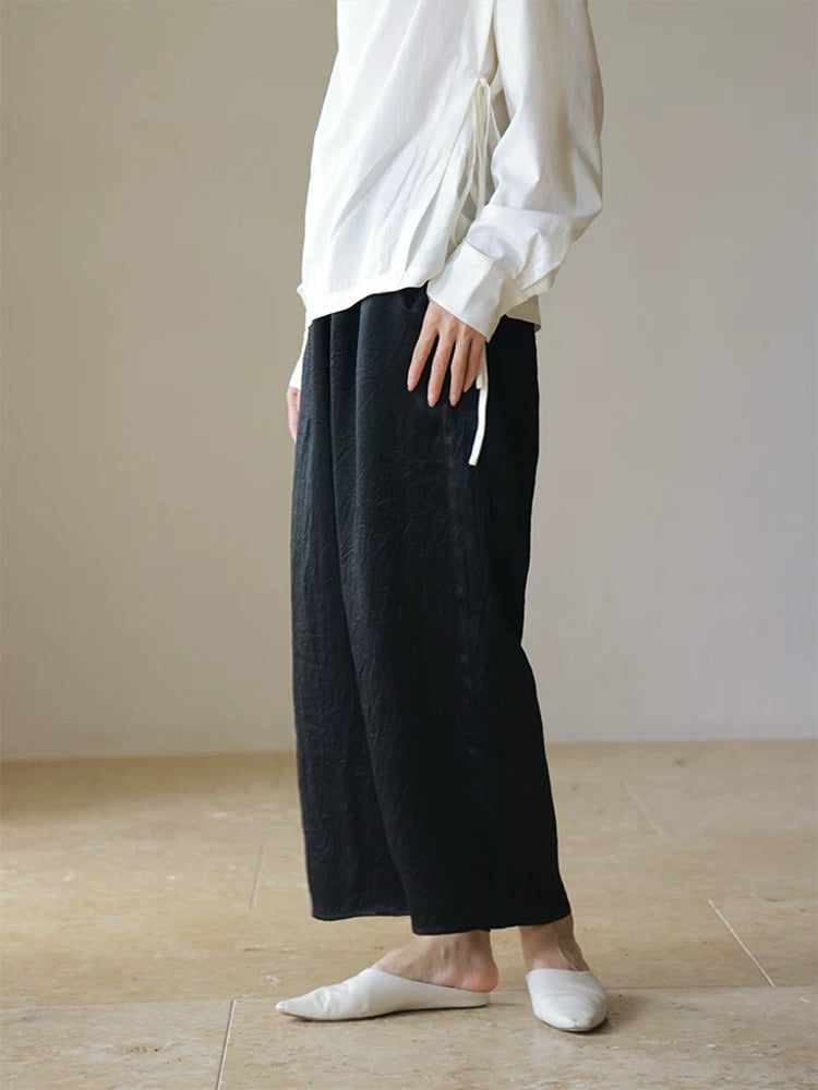 Siyuan, guest acetic acid drawstring elastic waist wide-leg pants women's niche design casual and thin lazy pants 7703