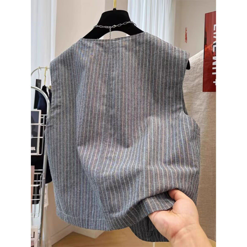 Temperament striped sleeveless short outer wear suit vest vest women  summer thin coat top women's trend