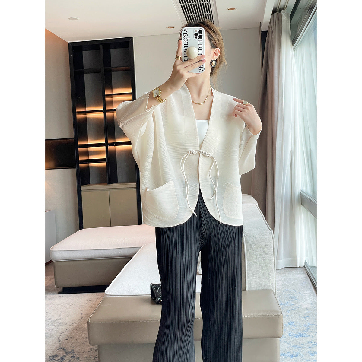 Folds  autumn new Chinese style improved button short coat women's zen temperament versatile white top women