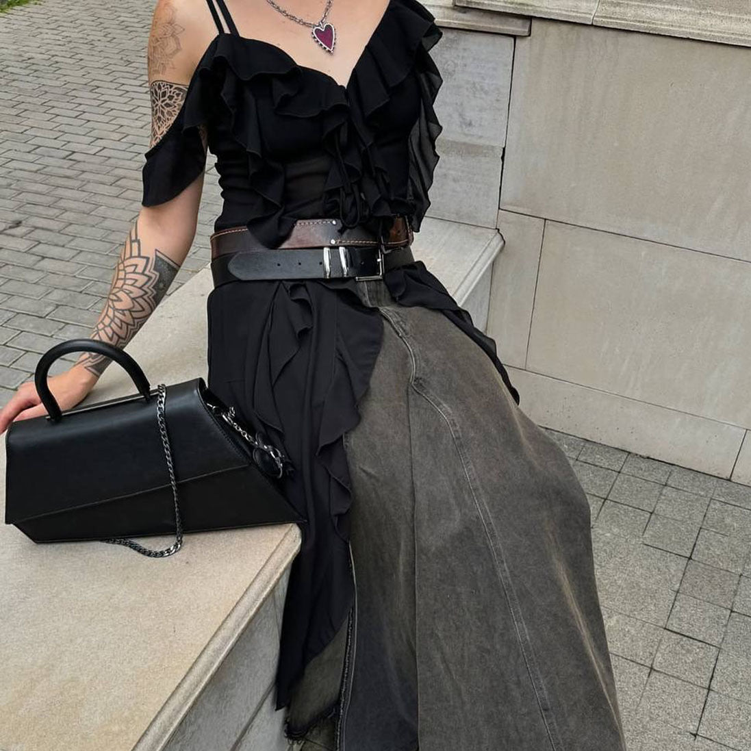 suspender super long irregular shirt high-end design sense niche splicing lace-up top lazy wind New