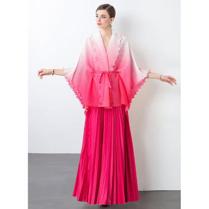 Fashion suit women's clothing strap waist gradual change color pleated cardigan top high waist pleated skirt two sets