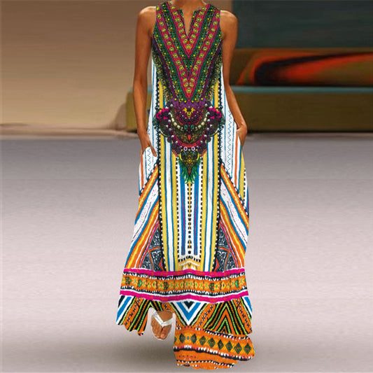 2025  European and American New Women's Vintage Printed Long Dress V-neck Sleeveless Pocket Summer Sexy Dress
