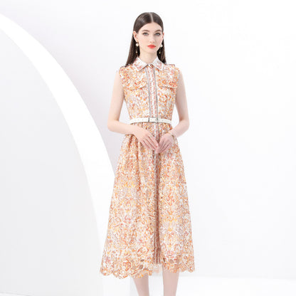 court style deep V-neck small flying sleeves waist thin single-breasted printing split-ended ruffle edge holiday dress