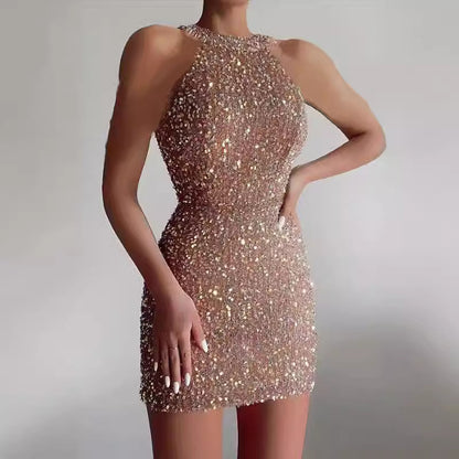 New new fashion neck sexy crystal fringed hip sequined dress mid-waist evening dress